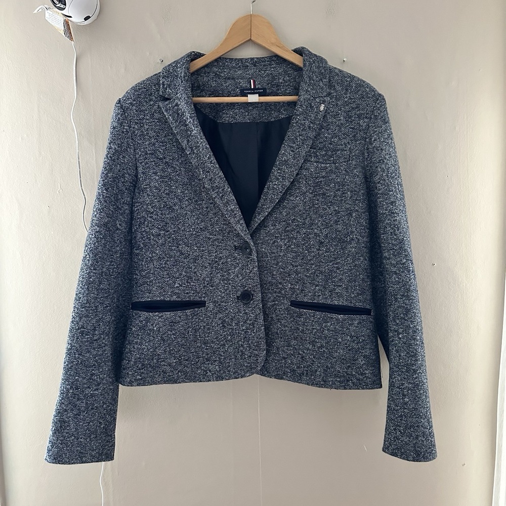 Tommy‎ Hilfiger Womens Blazer Size 14 Gray Knit Elbow Patch Academia Cropped